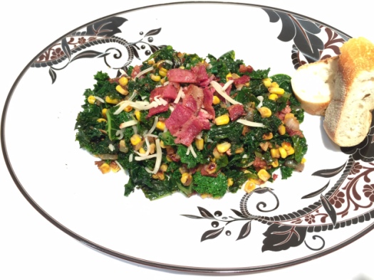 spicy kale with bacon and sweet corn